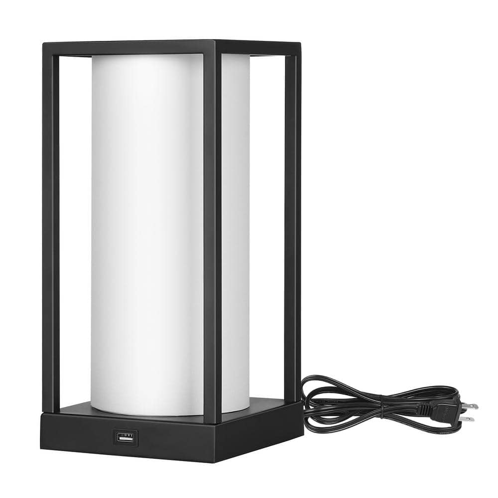 11.4 in. Black Dimmable Touch Control Table Lamp with White Shade and USB Port