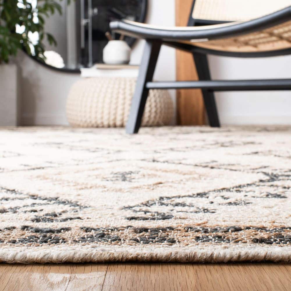 Ivory and Black Handmade Wool Tribal Area Rug, 9' x 12'