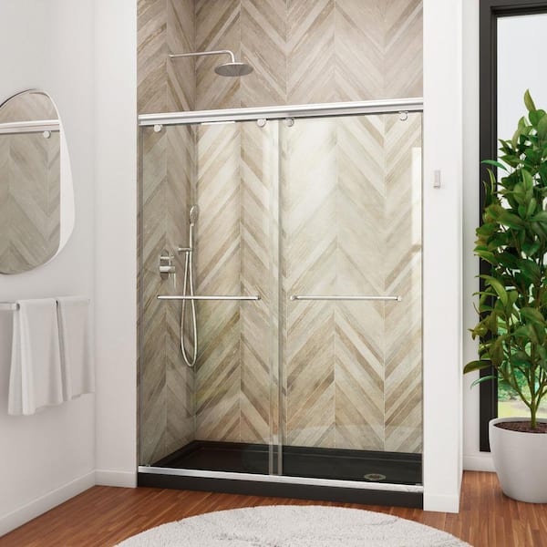 DreamLine Charisma 34 in. x 60 in. x 78.75 in. Semi-Frameless Sliding Shower Door in Chrome with Right Drain Shower Base