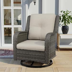 Wicker Outdoor Patio Swivel Rocking Chair with Beige Cushions (1-Pack)