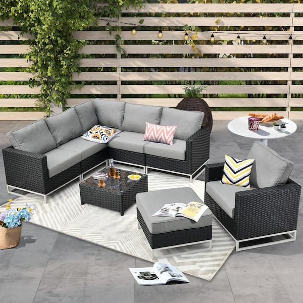 HOOOWOOO Aries Black 8-Piece No Assembly Wicker Outdoor Patio Conversation Sectional Sofa Set with Dark Gray Cushions