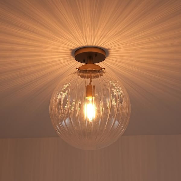 Aura 15 in. 1-Light Brushed Gold Semi-Flush Mount Ceiling Light with Clear Ribbed Glass Shade
