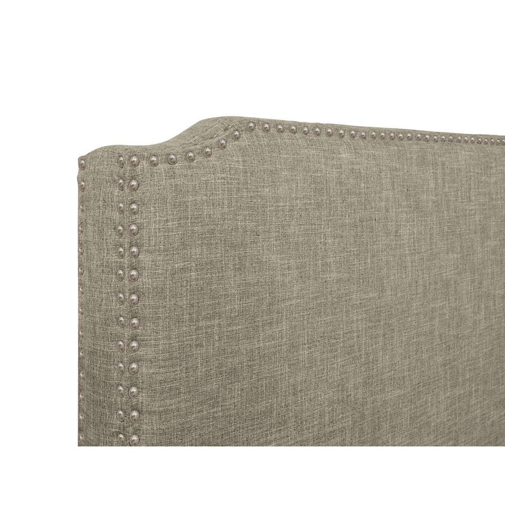 Beige Full Upholstered Linen Panel Bed with Nailhead Trim