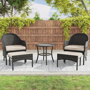 5-Piece Outdoor Wicker Patio Conversation Seating Set with Beige Cushions