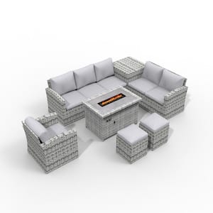 Gray 7-Piece Wicker Patio Conversation Set Rectangle Firepits with Gray Cushions