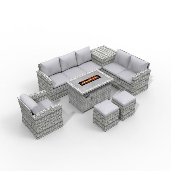 moda furnishings Gray 7-Piece Wicker Patio Conversation Set Rectangle Firepits with Gray Cushions