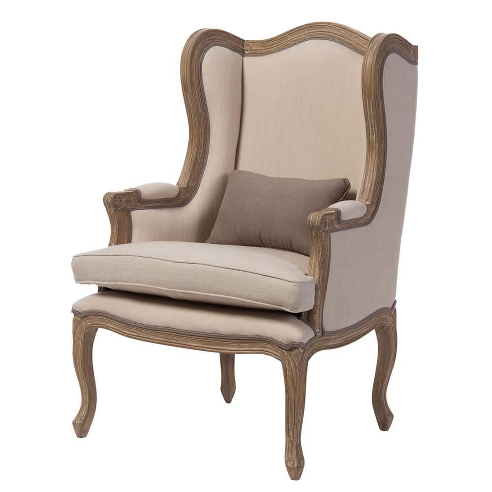 Majestic Beige Wingback Handcrafted Wood Accent Chair