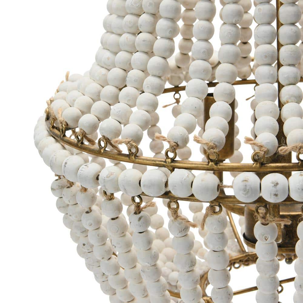 Off-White Draped Wood Bead Chandelier with Iron Frame