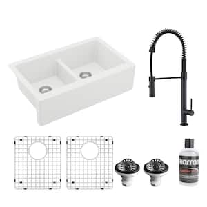 White Quartz/Granite 34 in. 50/50 Double Bowl Farmhouse Apron Kitchen Sink with KKF220 Faucet in Matte Black