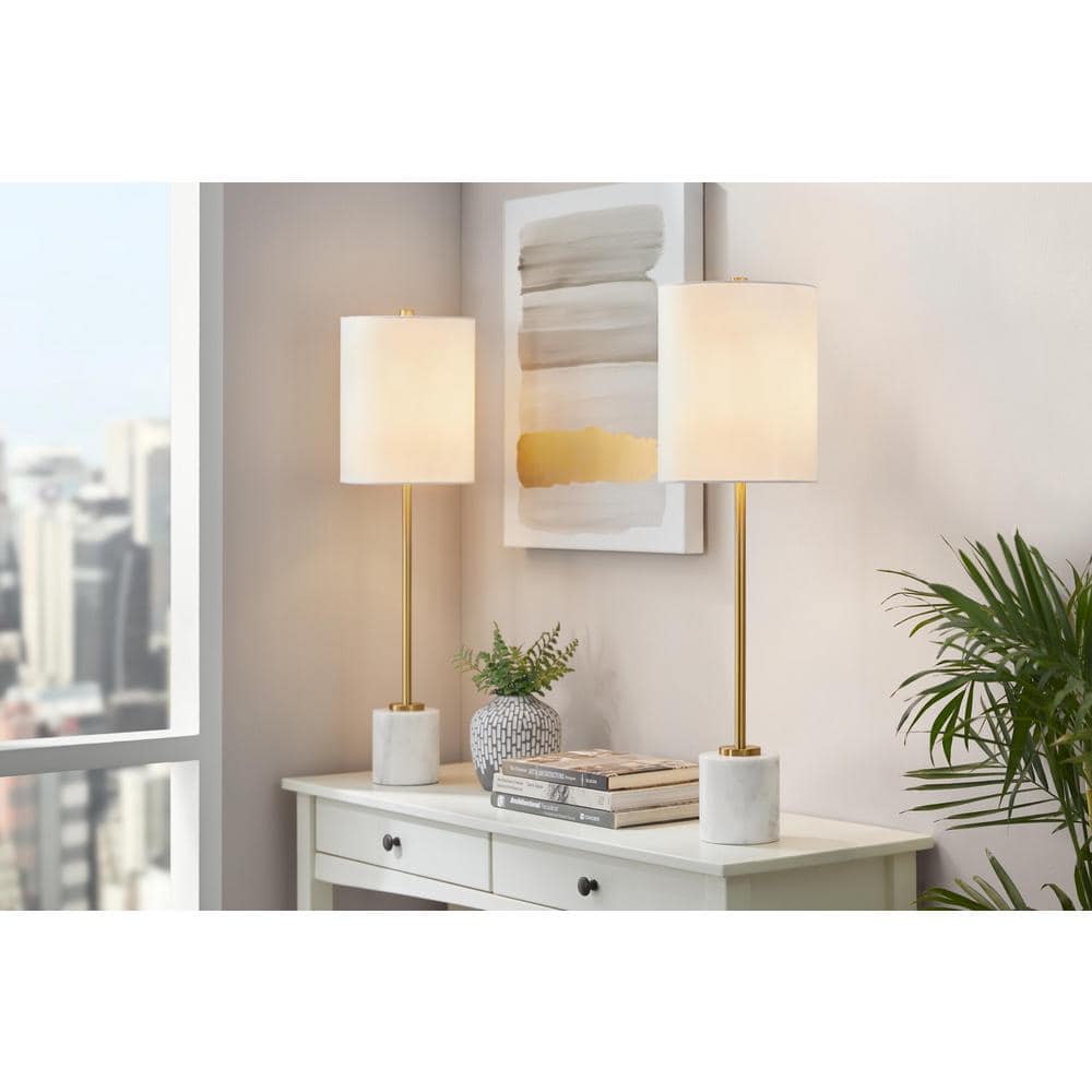Pearson 32 in. Plated Gold and White Marble Table Lamp with White Fabric Shade (Set of 2) price history on PriceWatchPro