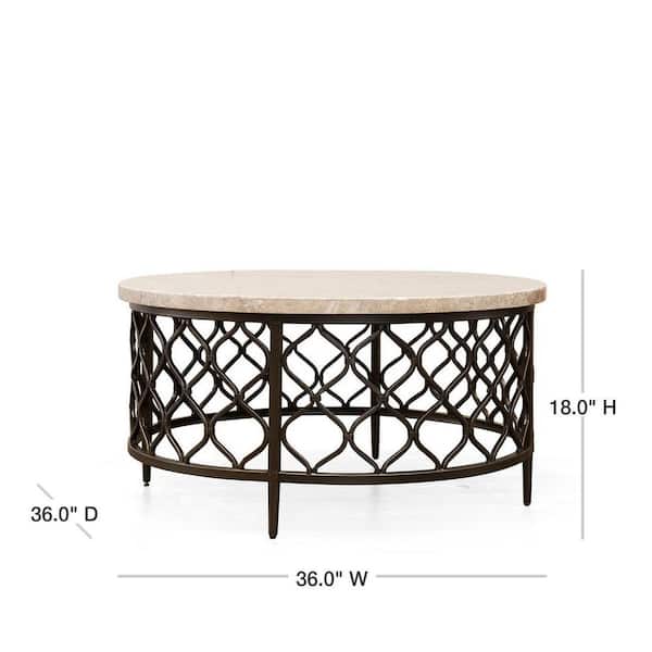 Medium Round Stone Coffee Table, Roland Round White Stone Top With Bronze Metal Base Coffee Table