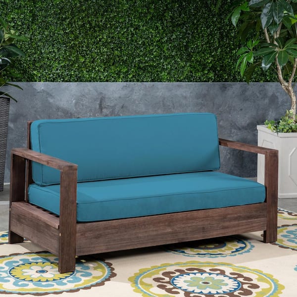 Noble House Devon Brushed Brown Wood Outdoor Loveseat with Dark Teal Cushion