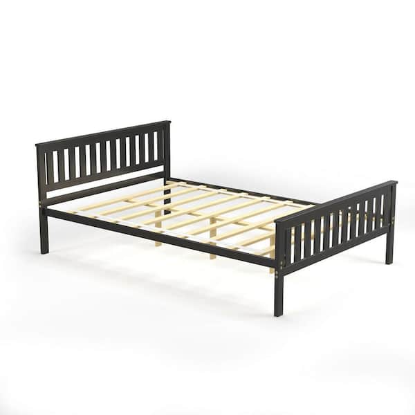 ANGELES HOME Brown Wooden Frame Full Size Platform Bed with Headboard, Not Need Box Spring