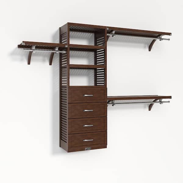 72 in. W - 120 in. W Chestnut Walk in with 4 Shaker Style Drawers 16 in. Shelf Wood Closet System