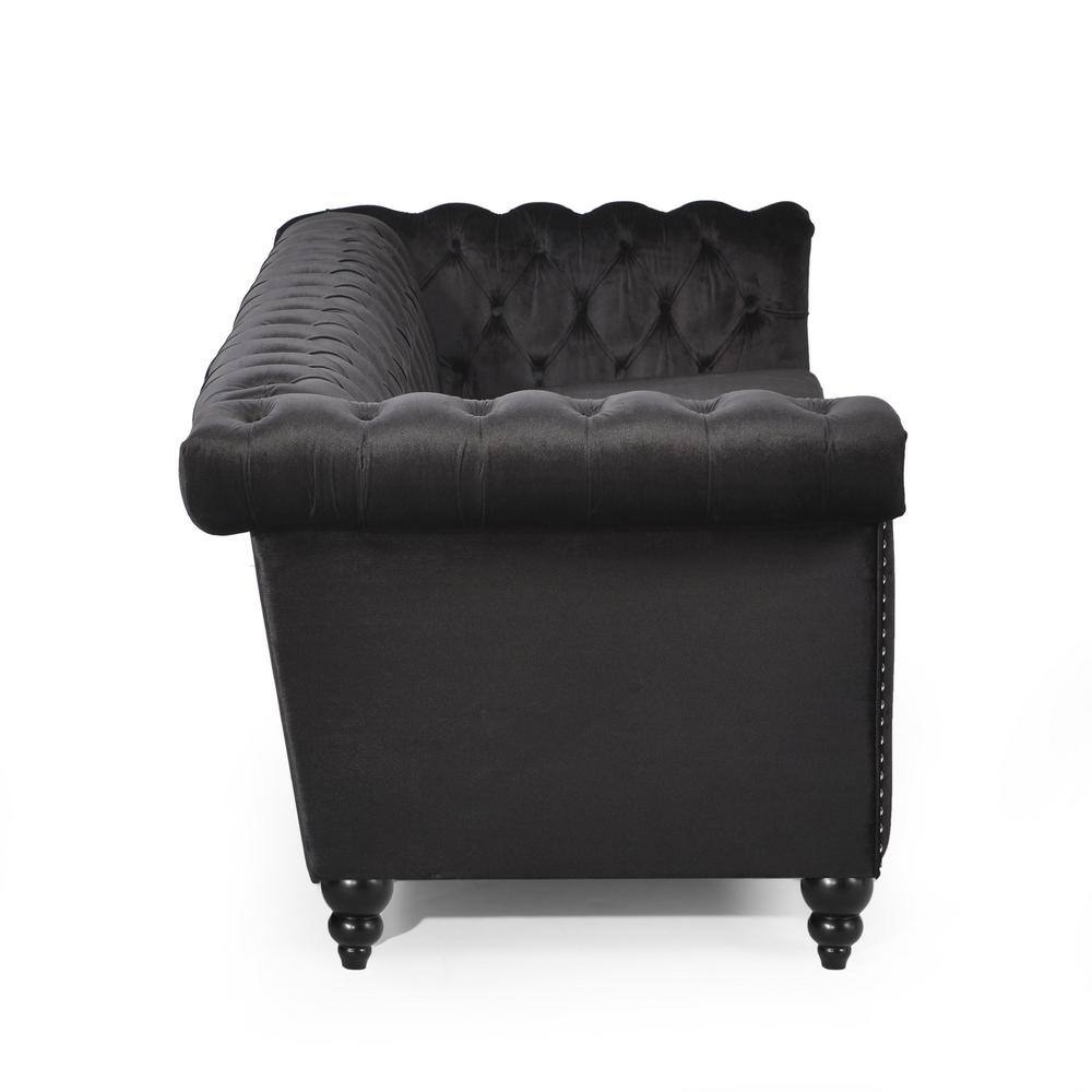 Black Velvet Chesterfield Sofa with Nailhead Trim and Flared Arms
