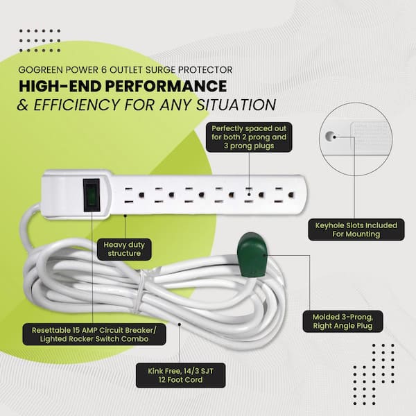 GoGreen Power 16103M-12 6-Outlet Surge Protector, 12' Cord, White GoGreen Power 16103M-12 6-Outlet Surge Protector, 12' Cord, White
