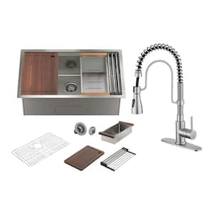 All-in-One 30 in. Undermount Single Bowl 16 Gauge Nano Brushed Stainless Steel Workstation Kitchen Sink with Faucet