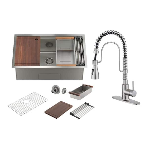 All-in-One Undermount Stainless Steel 16 in. Single Bowl Kitchen Sink with Polished Chrome Kitchen Faucet All-in-One Undermount Stainless Steel 16 in. Single Bowl Kitchen Sink with Polished Chrome Kitchen Faucet