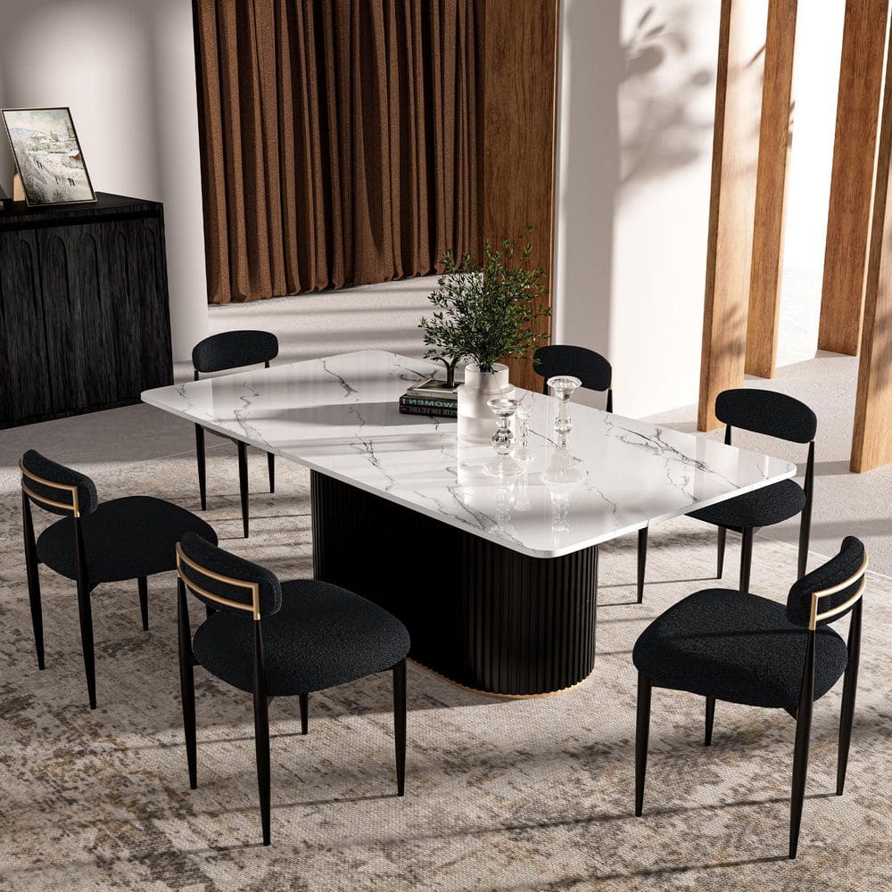 Morden Fort Modern 7-Piece Faux Marble Dining Table Top with Boucle ...