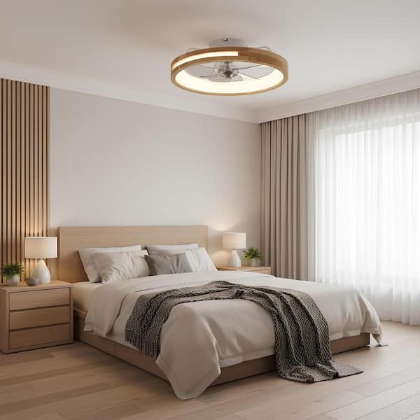 20 in. Flush Mount Dimmable Reversible Ceiling Fan with Natural Wood Housing Clear Blade and App Control