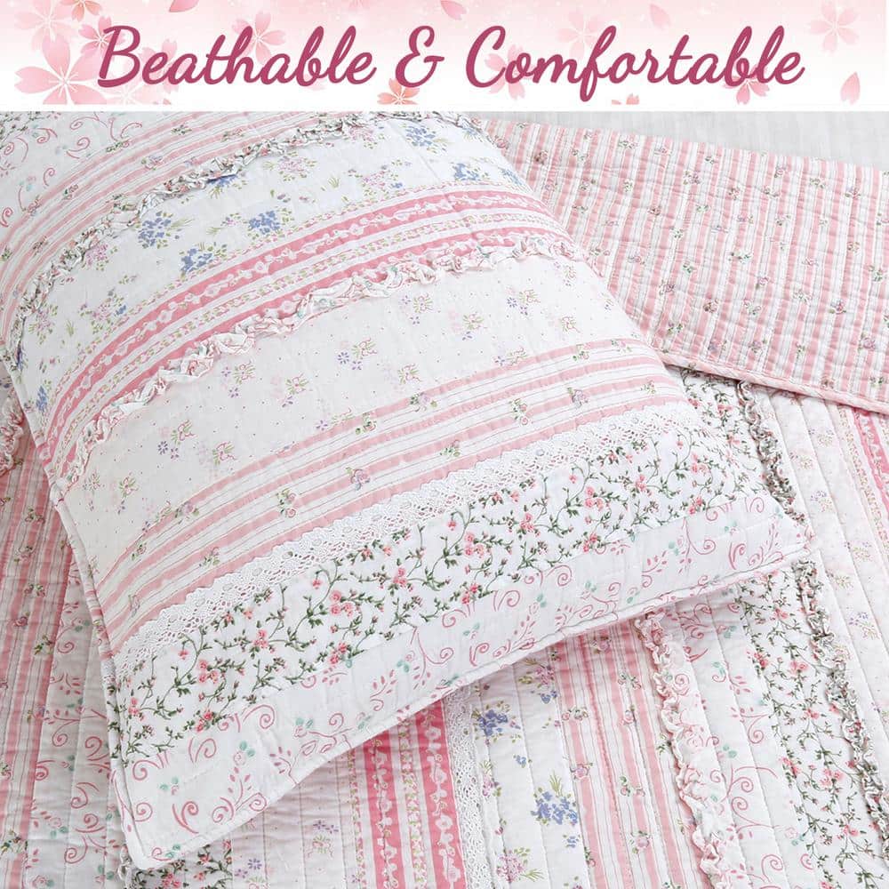 King Size Pink and White Cotton Reversible Quilt Set