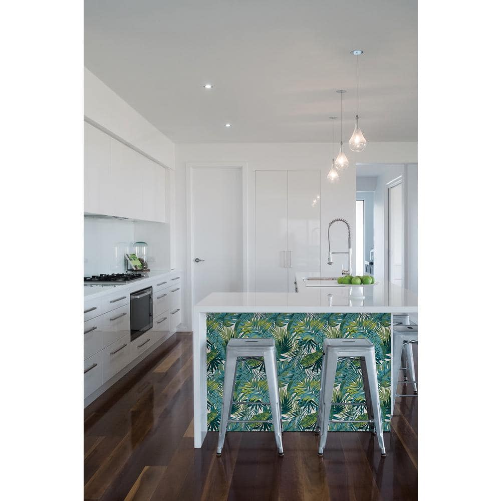 Tropical Palm Teal and Green Vinyl Peel and Stick Wallpaper