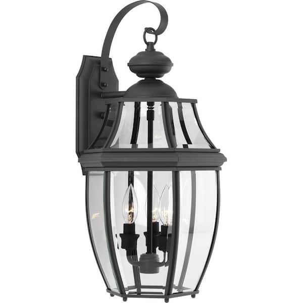 Progress Lighting New Haven Collection 3-Light Textured Black Clear Beveled Glass New Traditional Outdoor Large Wall Lantern Light