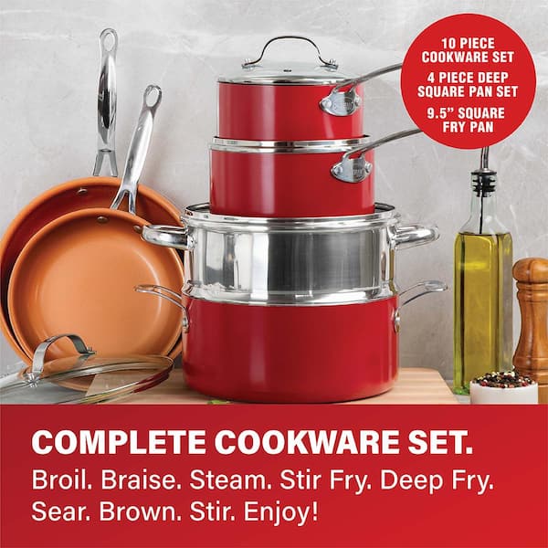 Member Mark 11 Piece Modern Ceramic Cookware Set With Smart Kitchen Tools  Set (Assorted Colors) (Red)