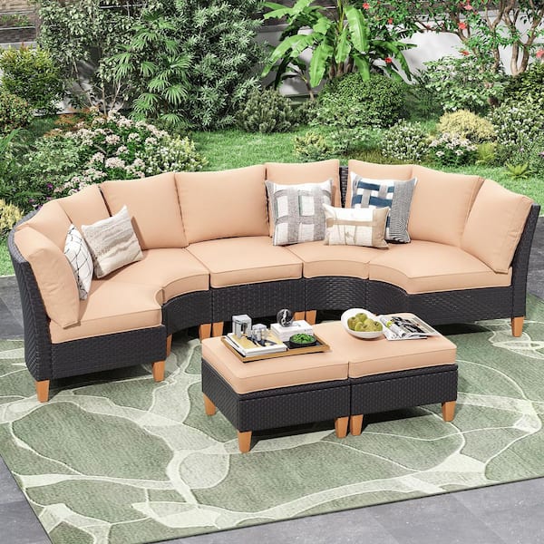 Outdoor 7-Piece Patio Furniture Set with Chairs Armless Sofa in Stain-Resistant Fabric with Beige Cushions