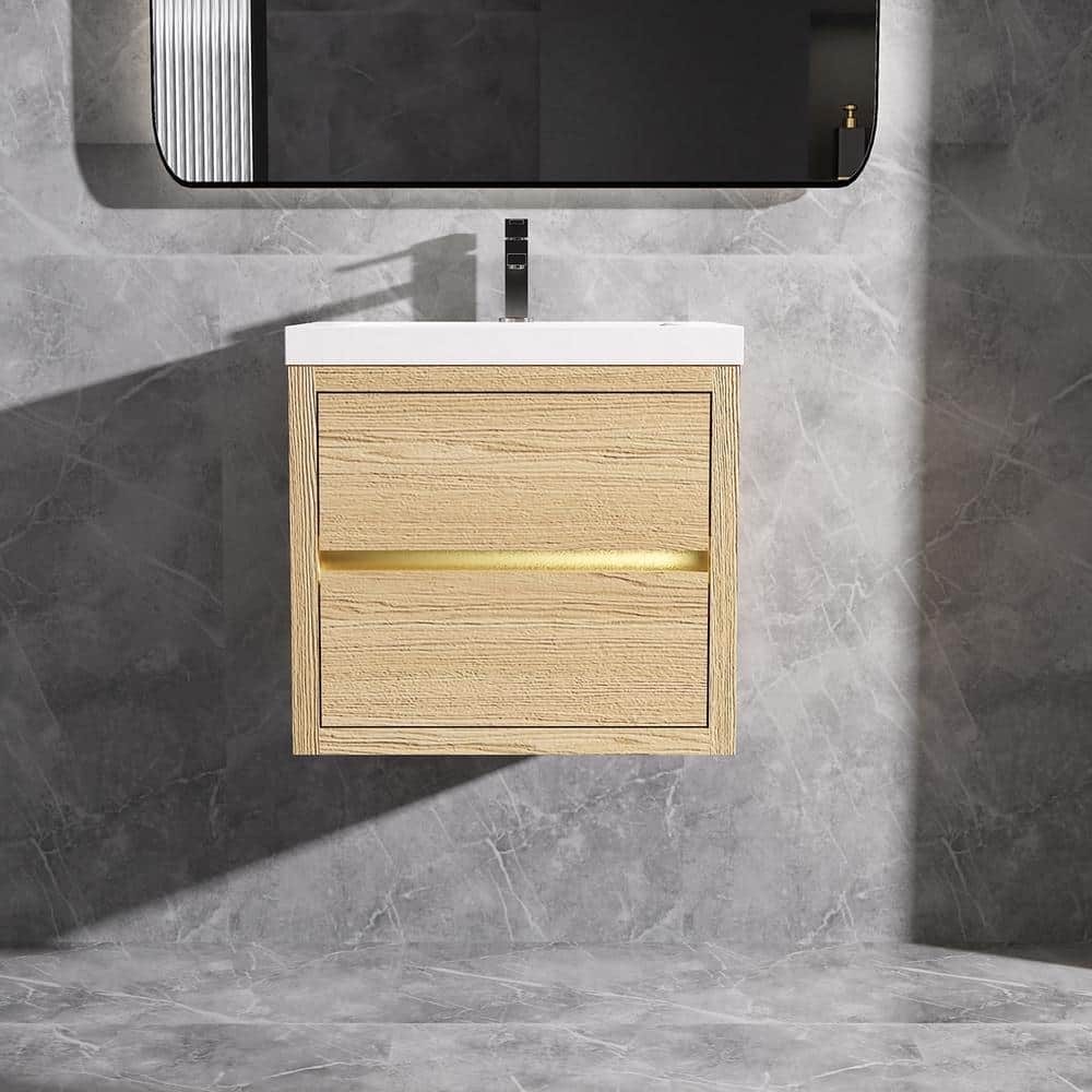 24 in. Wall-Mounted Floating Bath Vanity in Natural Oak with Single Solid Surface Sink Top in White price history on PriceWatchPro