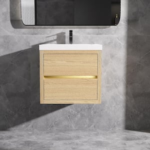 24 in. Wall-Mounted Floating Bath Vanity in Natural Oak with Single Solid Surface Sink Top in White