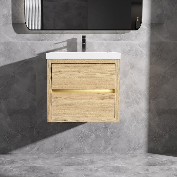 24 in. Wall-Mounted Floating Bath Vanity in Natural Oak with Single Solid Surface Sink Top in White