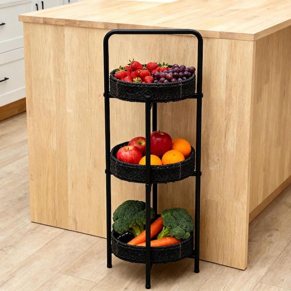 3-Tiers Kitchen Fruit Baskets and Bowls, with Stackable Tray in Black