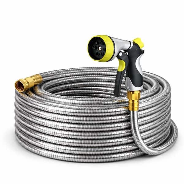 100 ft Heavy-Duty Stainless Steel Flexible Garden Hose with Brass Fittings and 8-Pattern Spray Nozzle