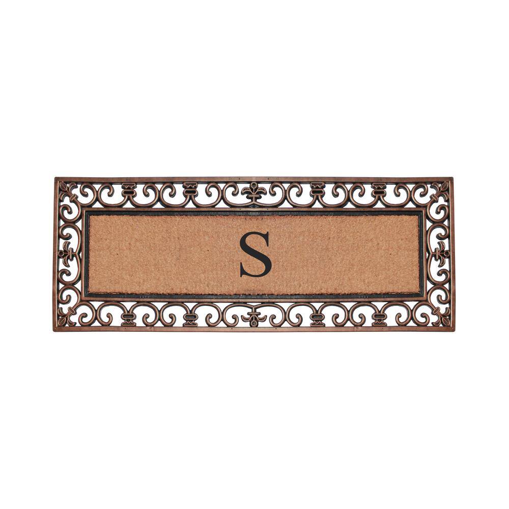 Paisley Border Bronze 17.71 in. x 47.25 in. Rubber and Coir Double Door Monogrammed S Door Mat