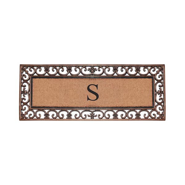 Paisley Border Bronze 17.71 in. x 47.25 in. Rubber and Coir Double Door Monogrammed S Door Mat