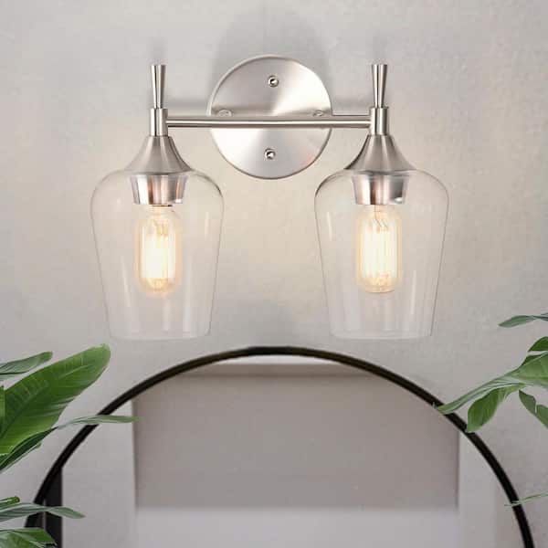 Edvivi Arlo 13 in. 2-Lights Brushed Nickel Vanity Light with Clear Wine Glass Shades