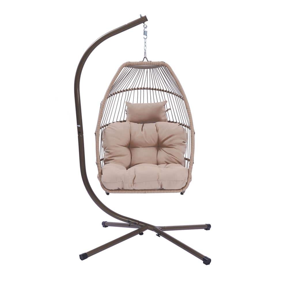 Outdoor Patio Wicker Folding Hanging Chair With Cushion And Pillow