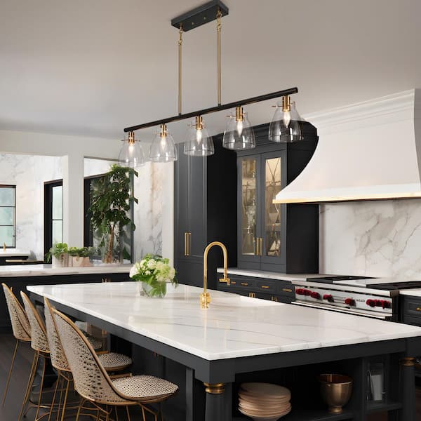 38 in. Large Modern Brass Hanging Light, 5-Light Black Island Chandelier for Dining Room with Bell Clear Glass Shades