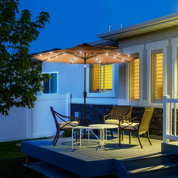 9 foot round solar aluminum patio umbrella Sun-Ray 9 ft. Round Solar Lighted Market Patio Umbrella in Taupe