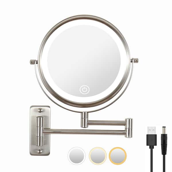 LORDEAR 12 in. W x 16.8 in. L Metal Nickel Makeup Mirror Vanity Mirror with Lights Wall Mounted Adjustable Extending Folding 10x