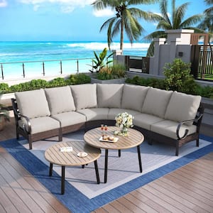 Black 8-Piece Metal Outdoor Patio Conversation Seating Set with Beige Cushions and Two Side Table