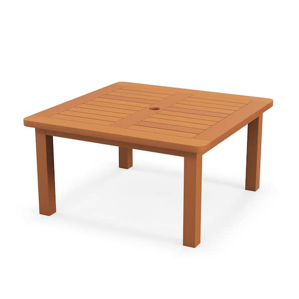 Patio Coffee Table w/ Umbrella Hole Slatted Tabletop & Teak Oil Finish