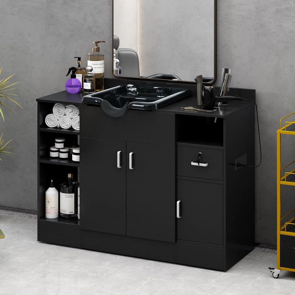 Black 35.8 in. H Shampoo Backwash Station Salon Station w/Shampoo Bowl and 