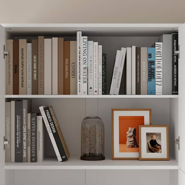 White 78.7 in. Office Storage Cabinet with 13 Shelves and 11 Drawers,Glass-Front Top Doors and Full Wall Bookcase Design