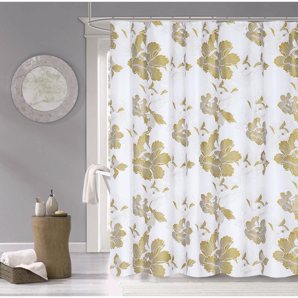 Gold 70 x 72 Flower Burst Metallic Printed 100% Cotton Shower Curtain