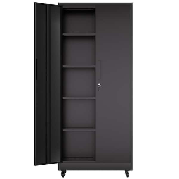 Black 71 in. H Tool Garage Storage Cabinet with Wheels and Lock Heavy Duty Rolling Metal Cabinet w/4 Adjustable Shelves