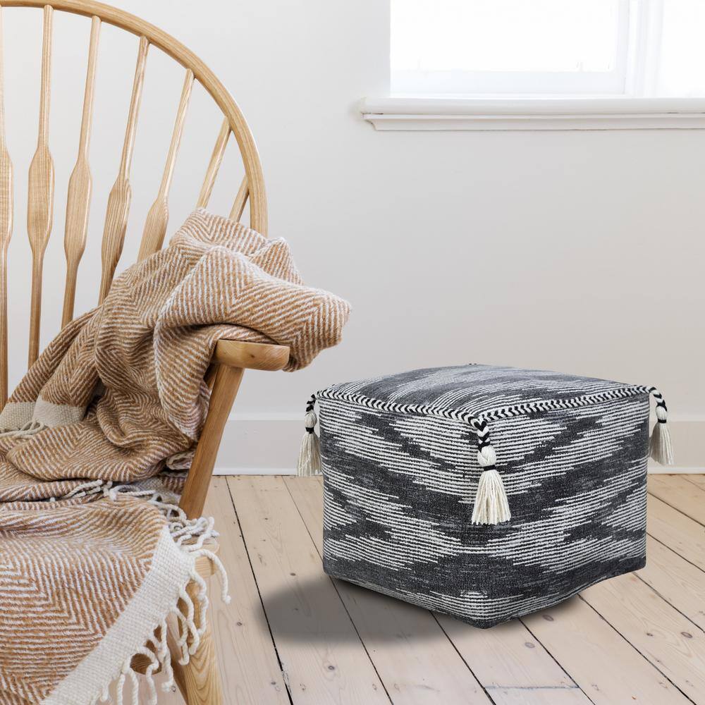 Gray and Ivory Cotton Geometric Pouf with Tassels