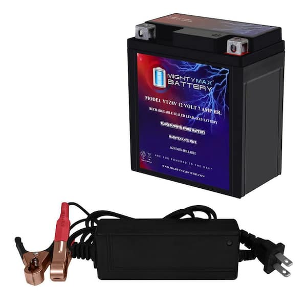 YTZ8V-12-Volt 7 AH, 85 CCA, Rechargeable Maintenance Free SLA AGM Motorcycle Battery + 12-Volt 2 Amp Charger