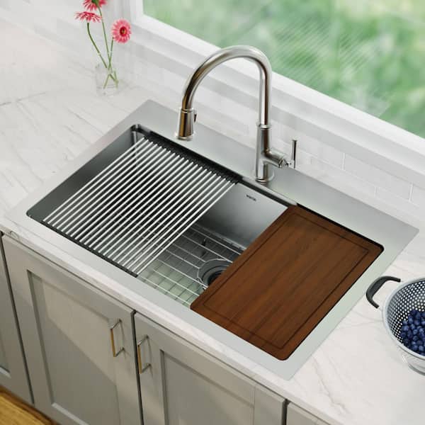 33 in. Drop-In Single Bowl 16-Gauge Stainless Steel Workstation Kitchen Sink